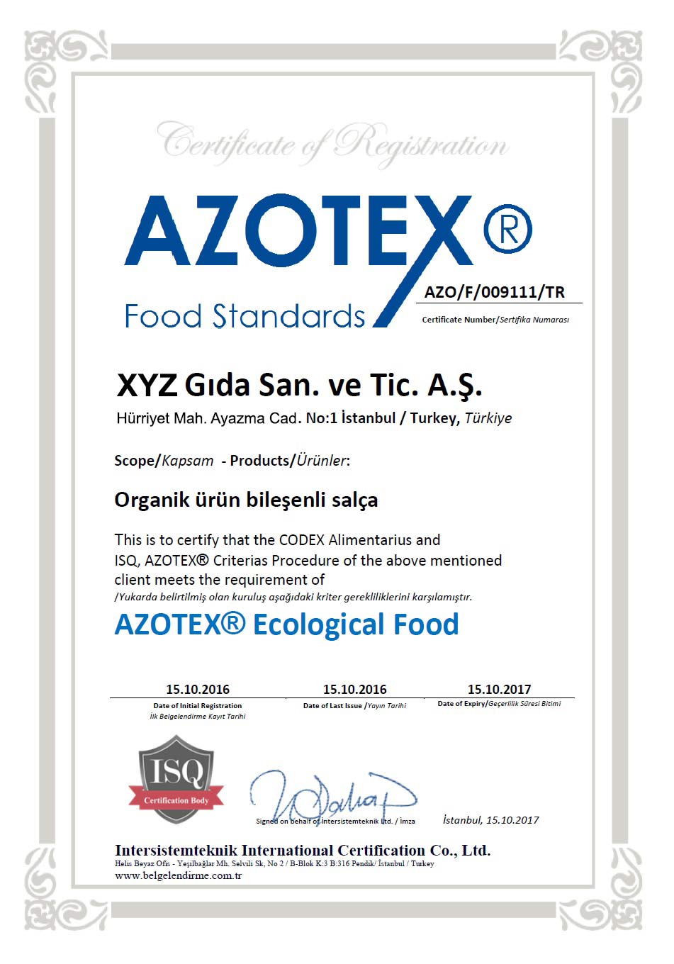 örnek azotex ekolojik gıda belgesi
